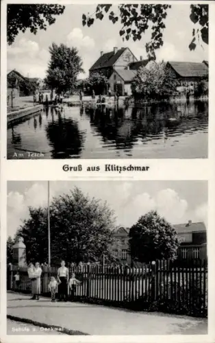 Ak Klitzschmar Klitschmar Wiedemar in Sachsen, Am Teich,  Schule, Denkmal
