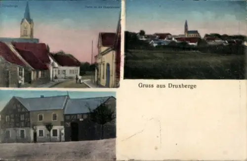 Ak Druxberge Eilsleben Sachsen Anhalt, Gruss aus  Partie der Hauptstraße, Kirche mit Turm, Fachwe