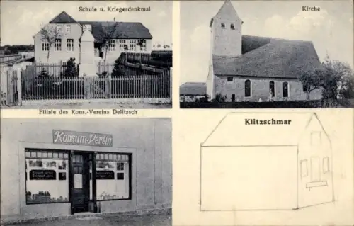 Ak Klitzschmar Klitschmar Wiedemar in Sachsen, Schule u. Kriegerdenkmal, Kirche, Filiale des Kons
