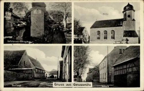 Ak Geußnitz Zeitz im Burgenlandkreis, Gefallenenehrenmal, Kirche, Schule, Straßenansicht