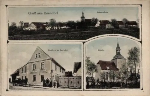 Passepartout Ak Benndorf in Sachsen Anhalt, Totale, Kirche, Gasthof