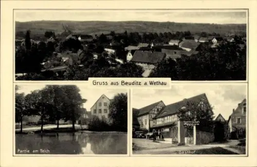 Ak Beuditz Großkugel im Saalekreis, Totale, Gasthof, Teich