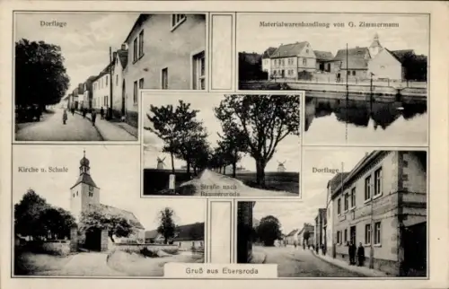 Ak Ebersroda Gleina Burgenlandkreis, Dorflage, Materialwarenhandlung G. Zimmermann, Kirche u. Sch