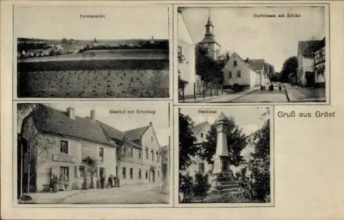 Ak Almsdorf Gröst Mücheln im Saalekreis, Gasthof zur Erholung, Denkmal, Totale