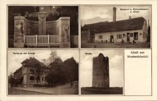 Ak Niedereichstädt Mücheln im Saalekreis, Kriegerdenkmal 1914 18, Bäckerei u. Kolonialwaren v. Ri