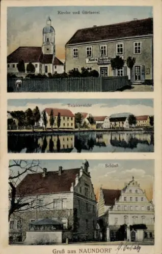 Ak Naundorf in Sachsen, Kirche, Gärtnerei, Teich, Schloss