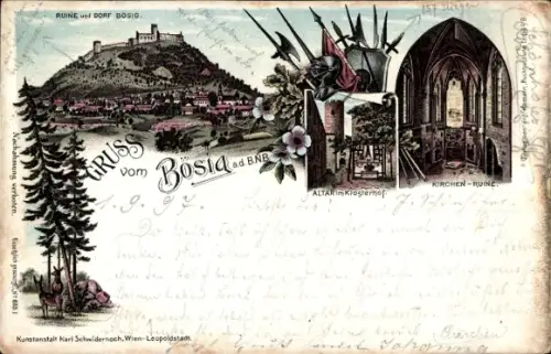 Litho Bezděz Schloßbösig Reg. Reichenberg, Ruine Bösig, Panorama, Altar im Klosterhof, Kirchenruine