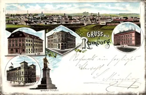 Litho Rumburk Rumburg Region Aussig, Rathaus, Turnhalle, Volksschule, Bürgerschule, Denkmal