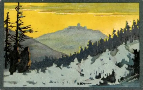 Künstler Ak Rettelbusch, Ad., Brocken im Harz, Brocken vom Renneckenberg aus, Winter