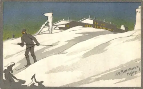 Künstler Ak Rettelbusch, Adolf, Brocken im Harz, Brockenhotel, Skifahrer