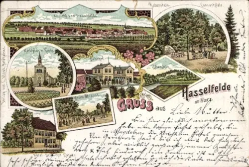 Litho Hasselfelde Harz, Rabenstein-Konzertplatz, Marktplatz, Kirche, Bahnhof, Hotel Deutscher Kaiser