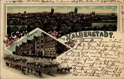 Litho Halberstadt am Harz, Gesamtansicht, Spiegelstraße, Soldatenkompanie auf Pferden
