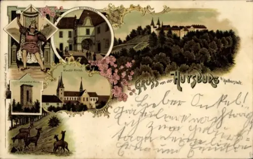 Litho Huy am Harz, Huysburg, Klosterhof, Klosterkirche, Rehe, Sargstedter Warte