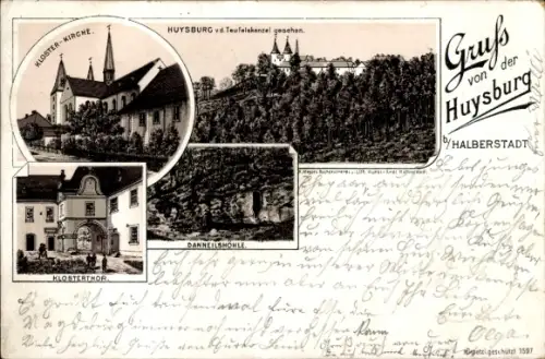 Litho Huy am Harz, Huysburg von der Teufelskanzel gesehen, Klosterkirche, Danneilshöhle, Klostertor