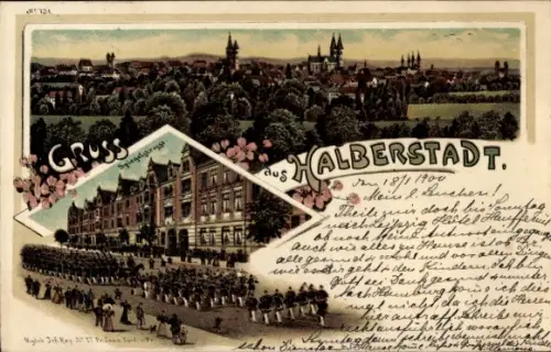 Litho Halberstadt am Harz, Gesamtansicht, Spiegelstraße, Soldatenkompanie Magdeb. Inf. Regt. 27