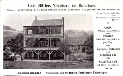 Ak Treseburg Thale im Harz, Gartenrestaurant und Logierhaus von Carl Müller im Bodetal