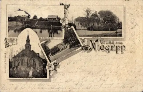 Ak Niegripp Burg bei Magdeburg, Schleuse, Kirche, Gutshof, Gasthof zum grünen Baum