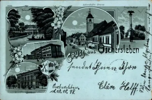 Mondschein Litho Oschersleben an der Bode, Halberstädter Straße, Schule, Krankenhaus, Landratsamt