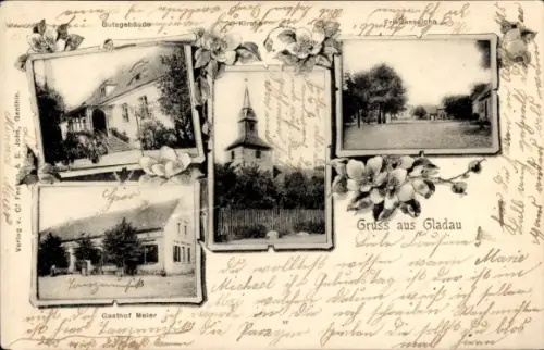 Ak Gladau Genthin am Elbe Havel Kanal, Kirche, Friedenseiche, Gutsgebäude, Gasthof Meier