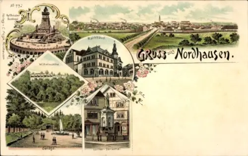 Litho Nordhausen am Harz, Panorama, Rathaus, Wilhelmshöhe, Lutherdenkmal, Gehege, Kyffhäuser