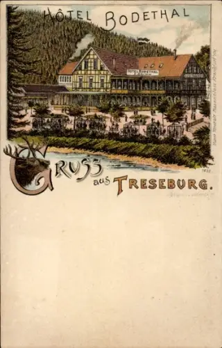 Litho Treseburg Thale im Harz, Hotel Bodethal, Hirsch