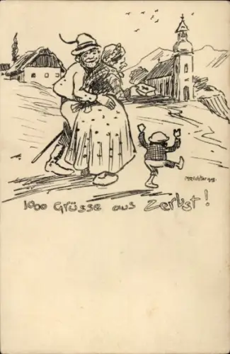 Künstler Ak M. Richter, Zerbst in Anhalt, Bauernfamilie, Koirche