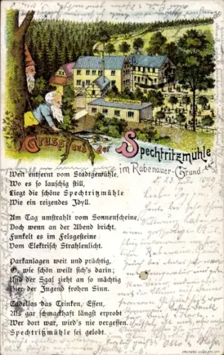 Litho Spechtritz Rabenau, Rabenauer Grund, Spechtritzmühle, Gedicht, Zwerge