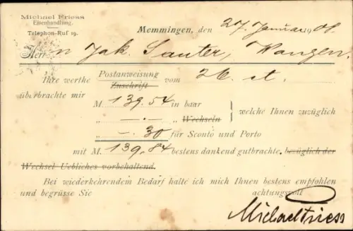 Ak Memmingen in Schwaben, Postanweisung, Zahlkarte