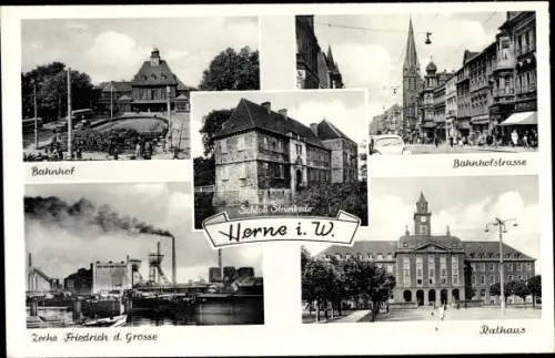 Ak Herne im Ruhrgebiet, Bahnhof, Schloss Strünkede, Rathaus, Zeche Friedrich der Grosse