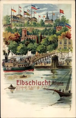 Litho Hamburg Altona, Elbschlucht, Anlegestelle