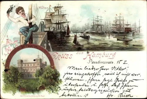 Litho Hamburg St. Pauli, Segelschiffhafen mit Seewarte, Matrose am Mast