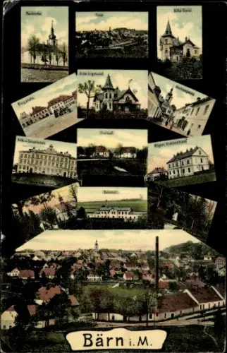 Ak Bärn Moravský Beroun Region Olmütz, Bahnhof, Ringplatz, Krankenhaus, Kirche, Villa, Totale