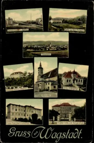 Ak Bílovec Wagstadt Region Mährisch Schlesien, Bahnhof, Schloss, Pfarrkirche, Krankenhaus