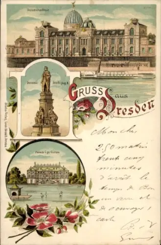 Litho Dresden, Denkmal Friedrich August II., Palais im Großen Garten, Kunstakademie