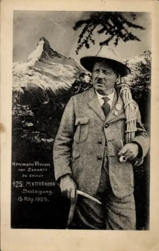 Ak Zermatt Kanton Wallis, Bergsteiger Hermann Perren, 125. Matterhorn Besteigung, 16. August 1925