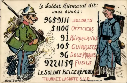Ak Belgische Propaganda, Antwort eines Belgischen Soldaten auf Deutsche Überlegenheit