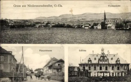 Ak Morschwiller le Bas Niedermorschweiler Elsass Haut Rhin, Totale, Schloss, Hauptstraße
