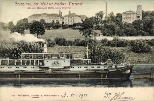 Ak Dresden Neustadt, Waldschlösschen Terrasse, Salondampfer