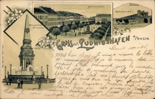 Litho Ludwigshafen am Rhein Rheinland Pfalz, Monumentalbrunnen, Marktplatz, Rheinbrücke