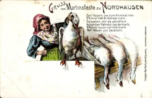 Ak Nordhausen am Harz, Gruß vom Martinsfest, Martinsganz, geschlachtete Gänse