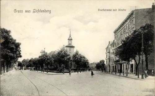 Ak Berlin Lichtenberg, Dorfstraße mit Kirche