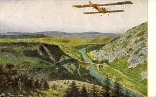 Künstler Ak Straka, W., Gorizia Görz Friuli Venezia Giulia, Brücke, Salcano, Aeroplan