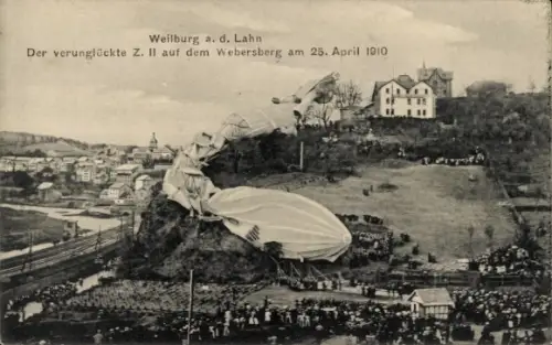 Ak Weilburg an der Lahn Hessen, Verunglückter Zeppelin Z.II., Webersberg, 1910