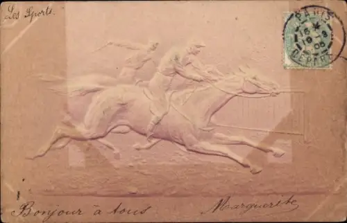 Relief Ak Pferderennen, zwei Reiter