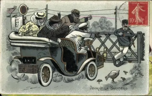 Künstler Ak Devant la Barrière, Automobil, Spazierfahrt, Bahnschranke