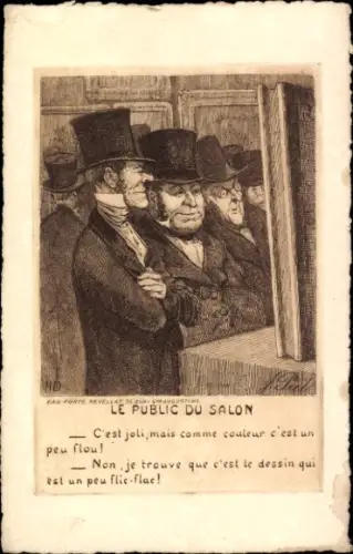 Künstler Ak J. Piel, Besucher einer Ausstellung, Männer sprechen über ein Bild, Eau Forte Revellat