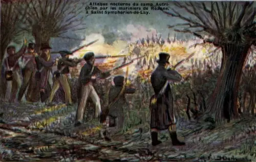 Künstler CPA Attaque nocturne du camp Autrichien par les mariniers de Roanne