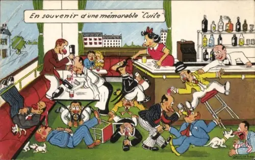 Künstler Ak Preissac, Jean de, En souvenir d'une memorable Cuite, betrunkene Männer im Restaurant