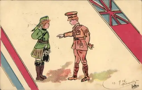 Künstler Ak Britischer Soldat, Uniform, Soldatin im Kilt, Flaggen