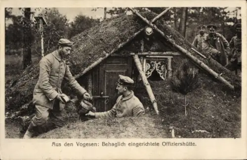 Ak Aus den Vogesen, Behaglich eingerichtete Offiziershütte, I WK